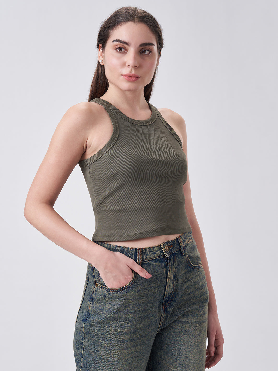 Womens Halter Tank Top Dusty Olive
