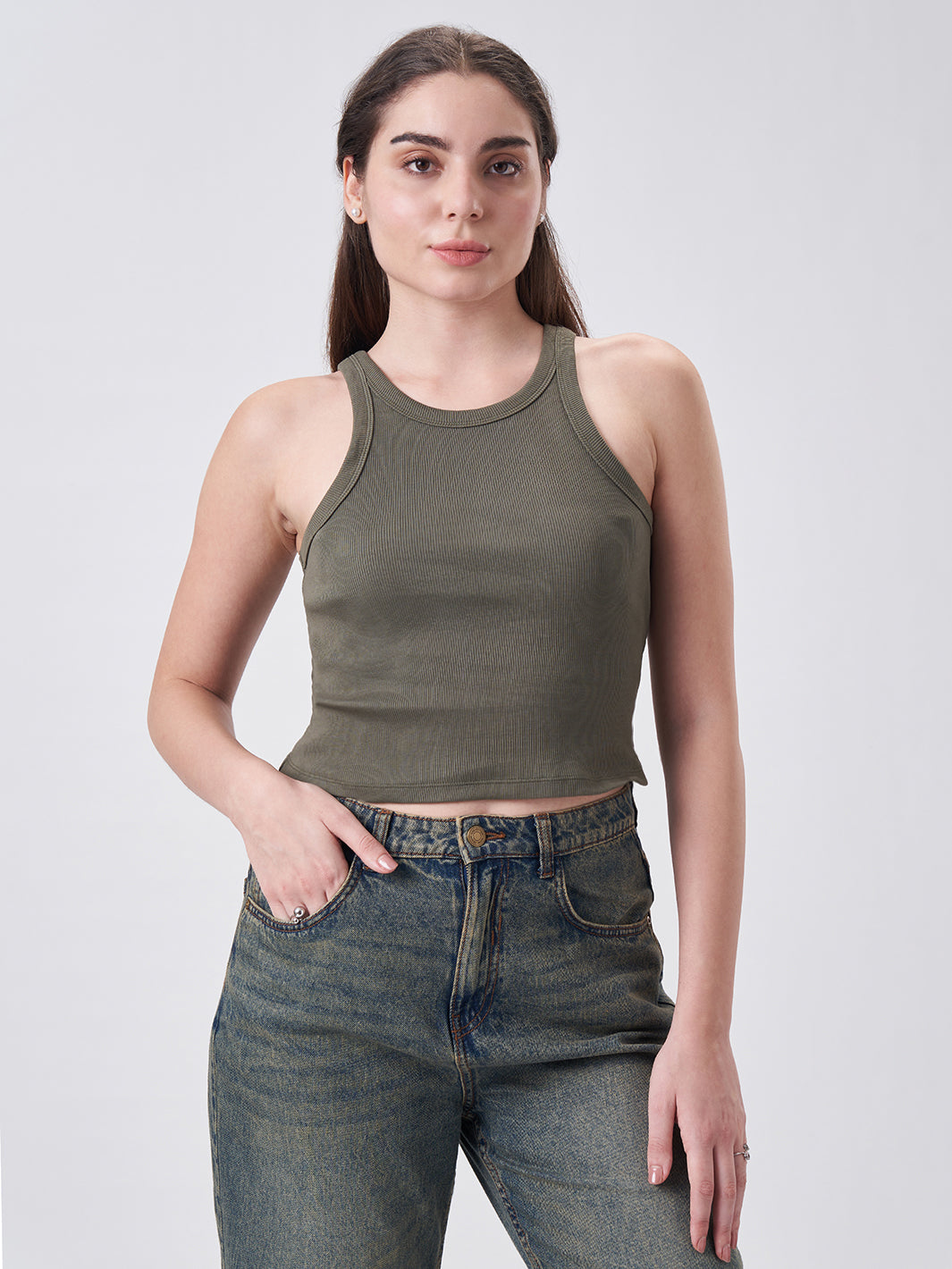 Womens Halter Tank Top Dusty Olive
