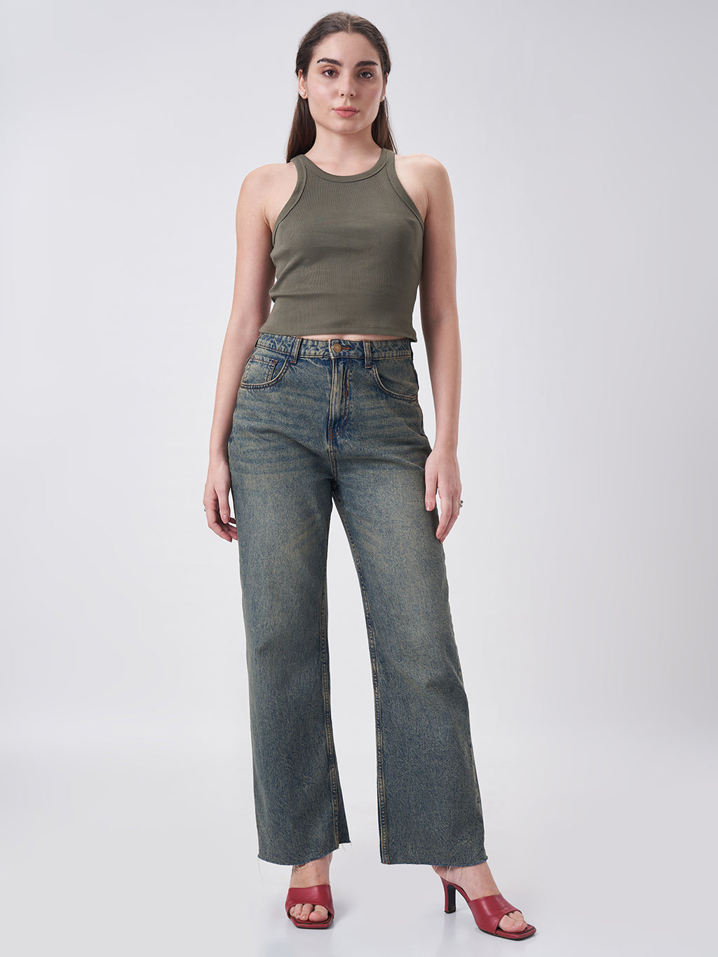 Womens Halter Tank Top Dusty Olive