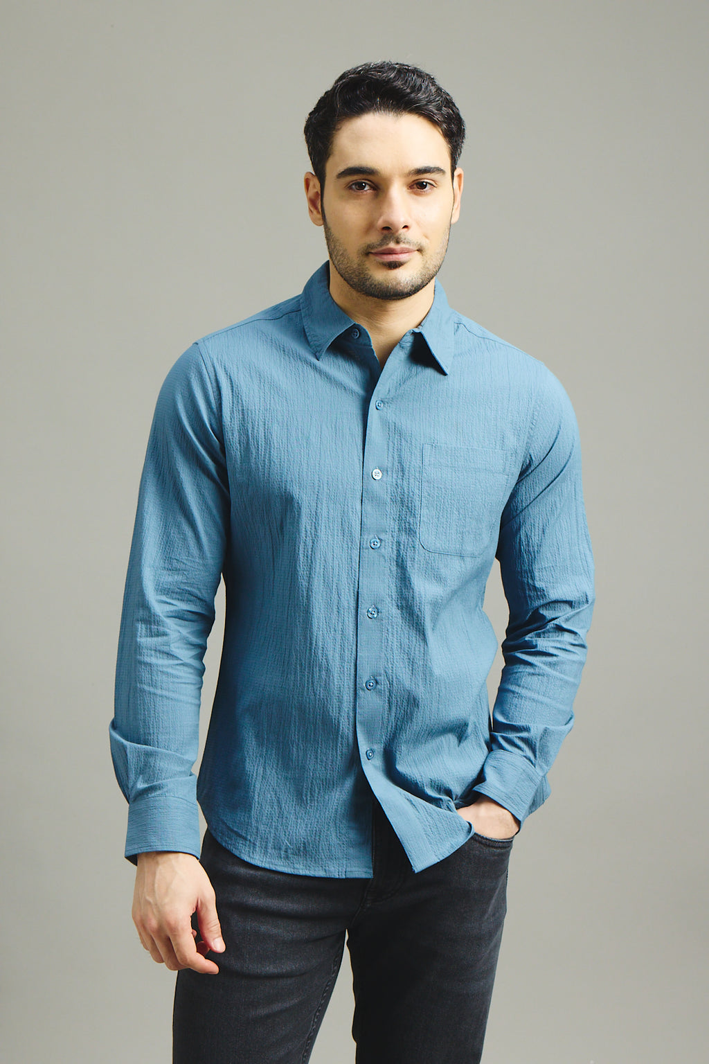 Mens Textured Shirt - Petrol Blue