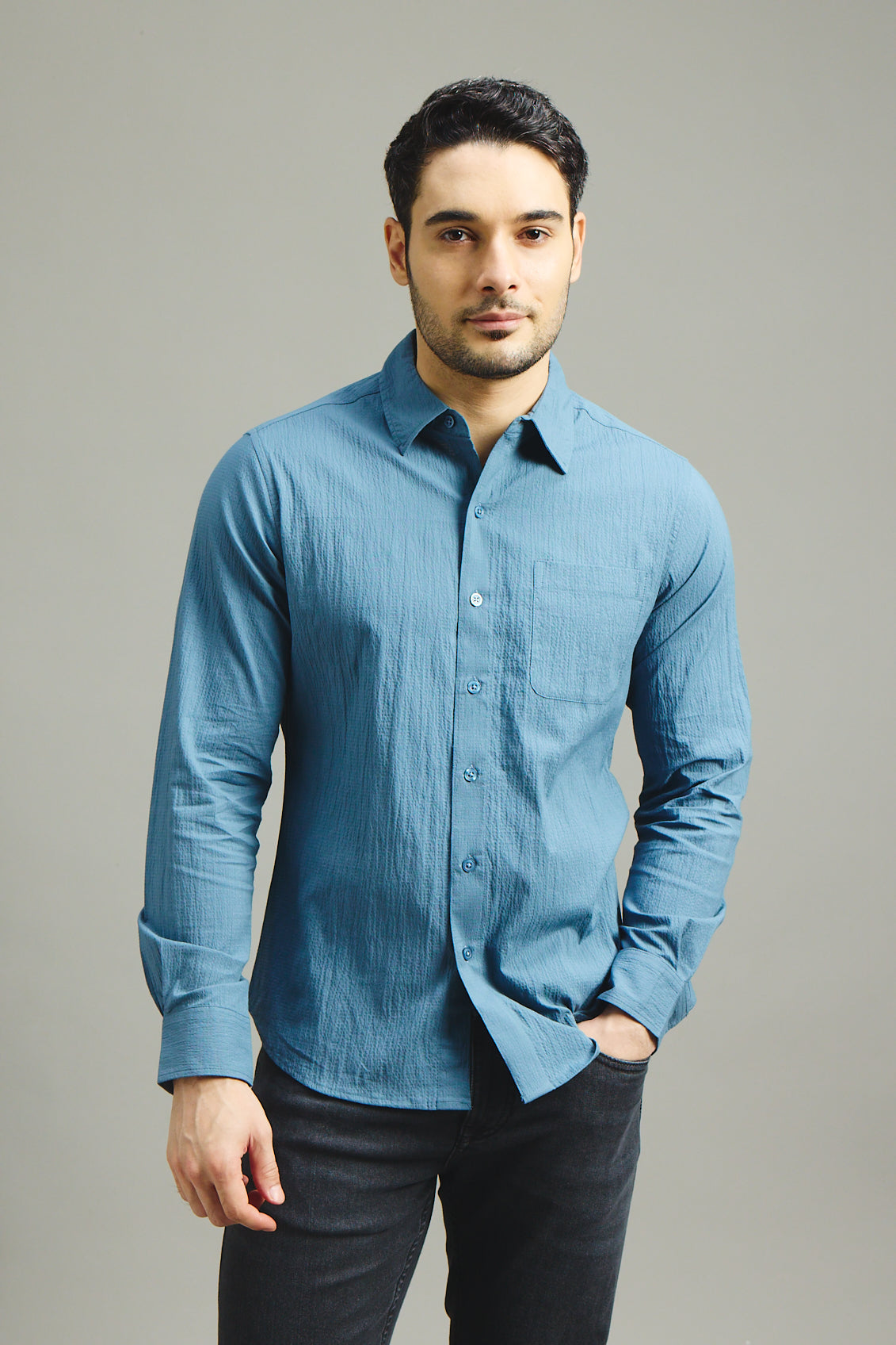 Mens Textured Shirt - Petrol Blue
