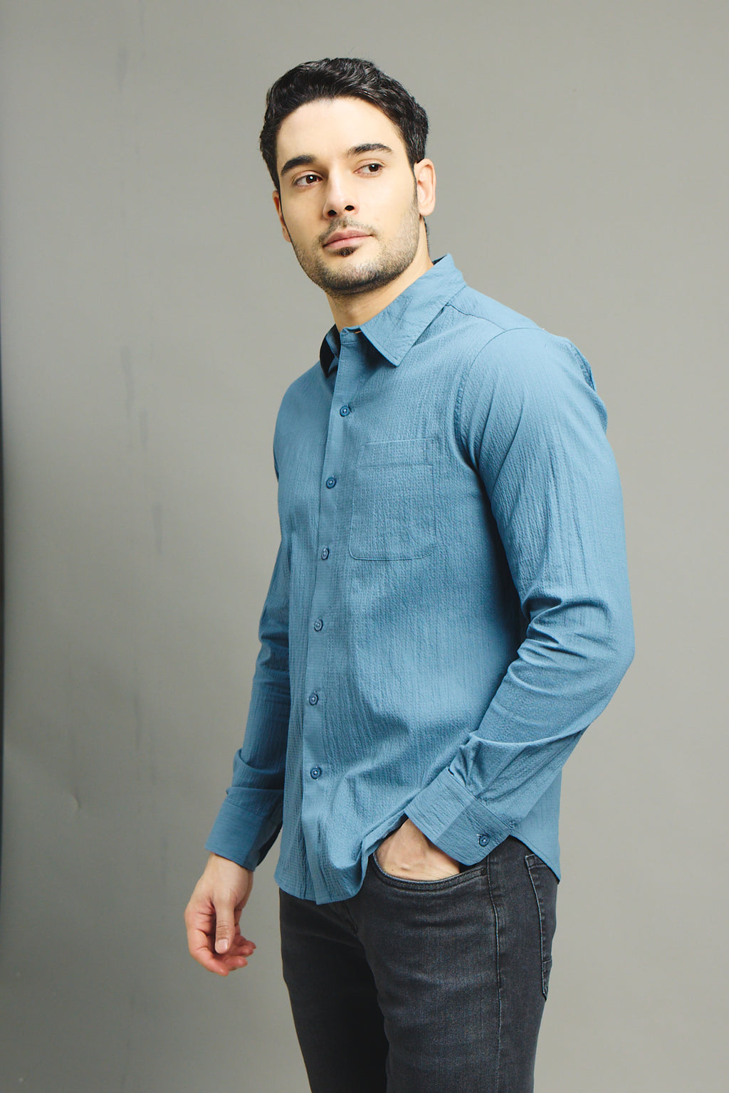 Mens Textured Shirt - Petrol Blue
