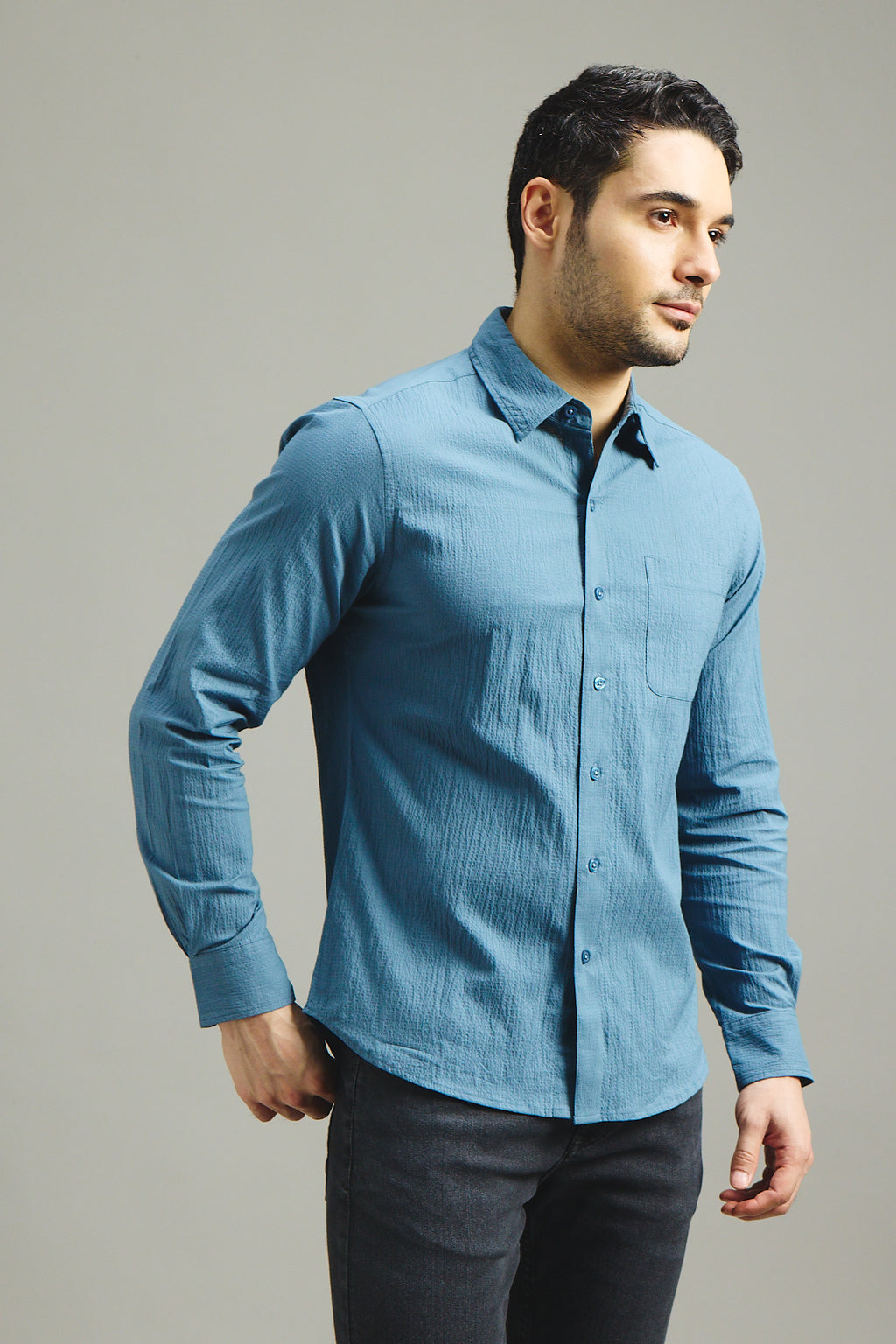Mens Textured Shirt - Petrol Blue