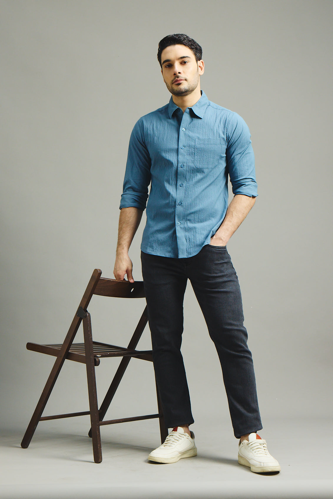 Mens Textured Shirt - Petrol Blue