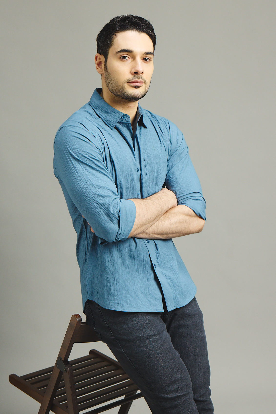 Mens Textured Shirt - Petrol Blue