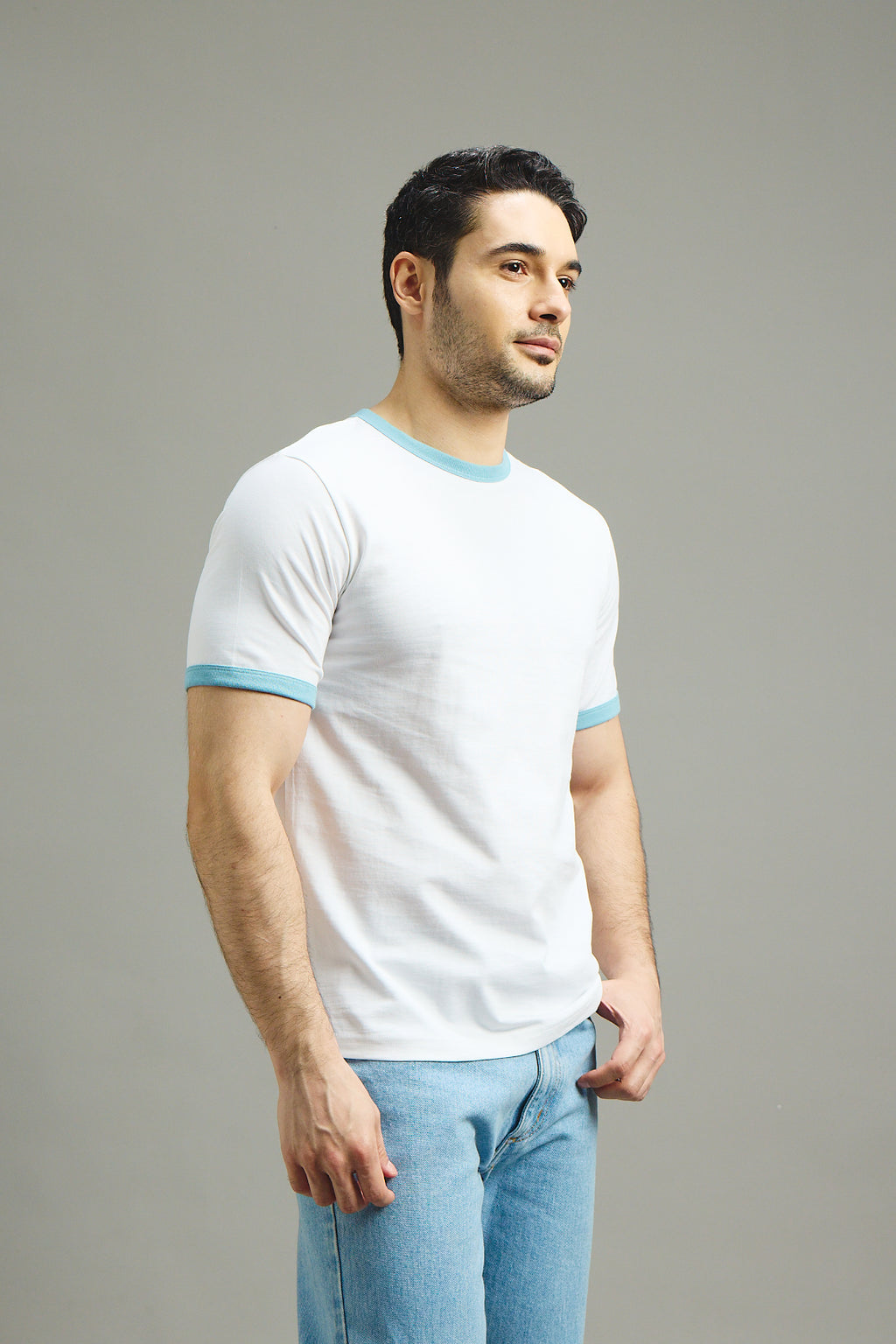 Mens Ringer T-Shirt - White X Light Blue
