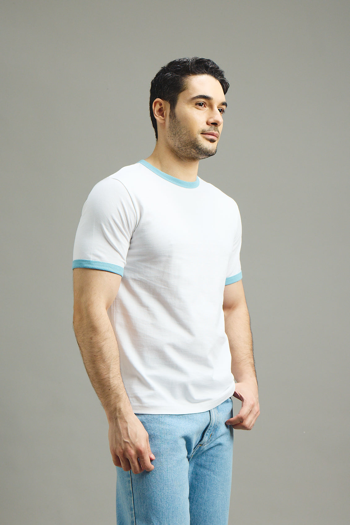 Mens Ringer T-Shirt - White X Light Blue