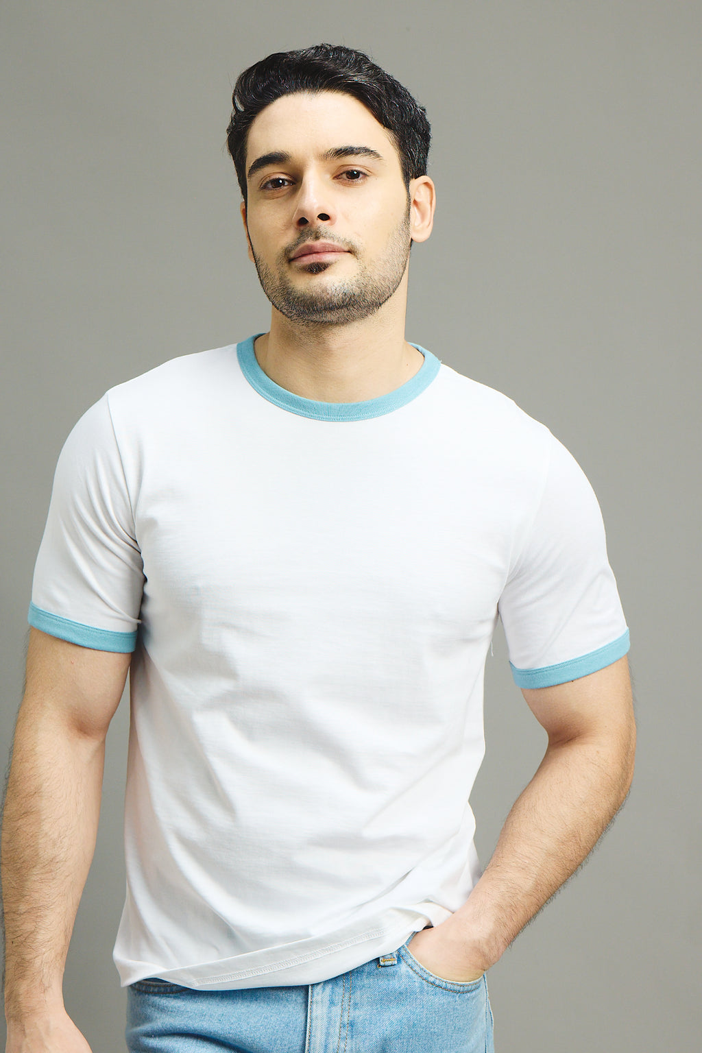 Mens Ringer T-Shirt - White X Light Blue