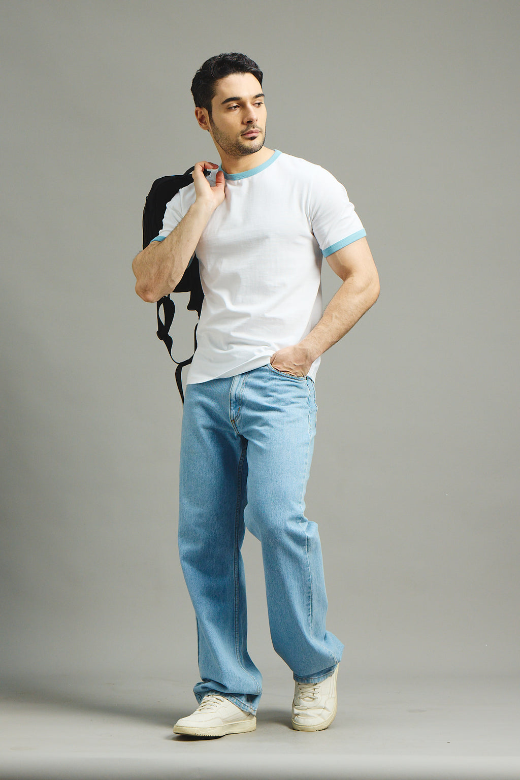 Mens Ringer T-Shirt - White X Light Blue