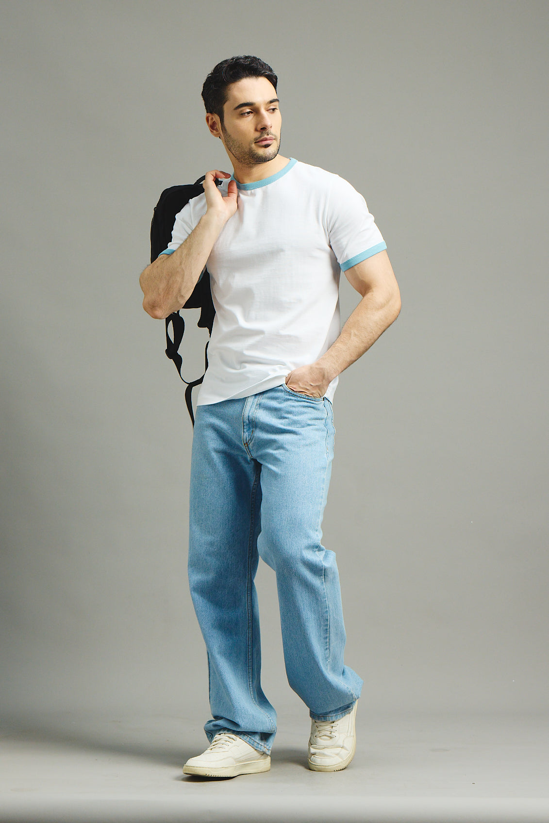 Mens Ringer T-Shirt - White X Light Blue
