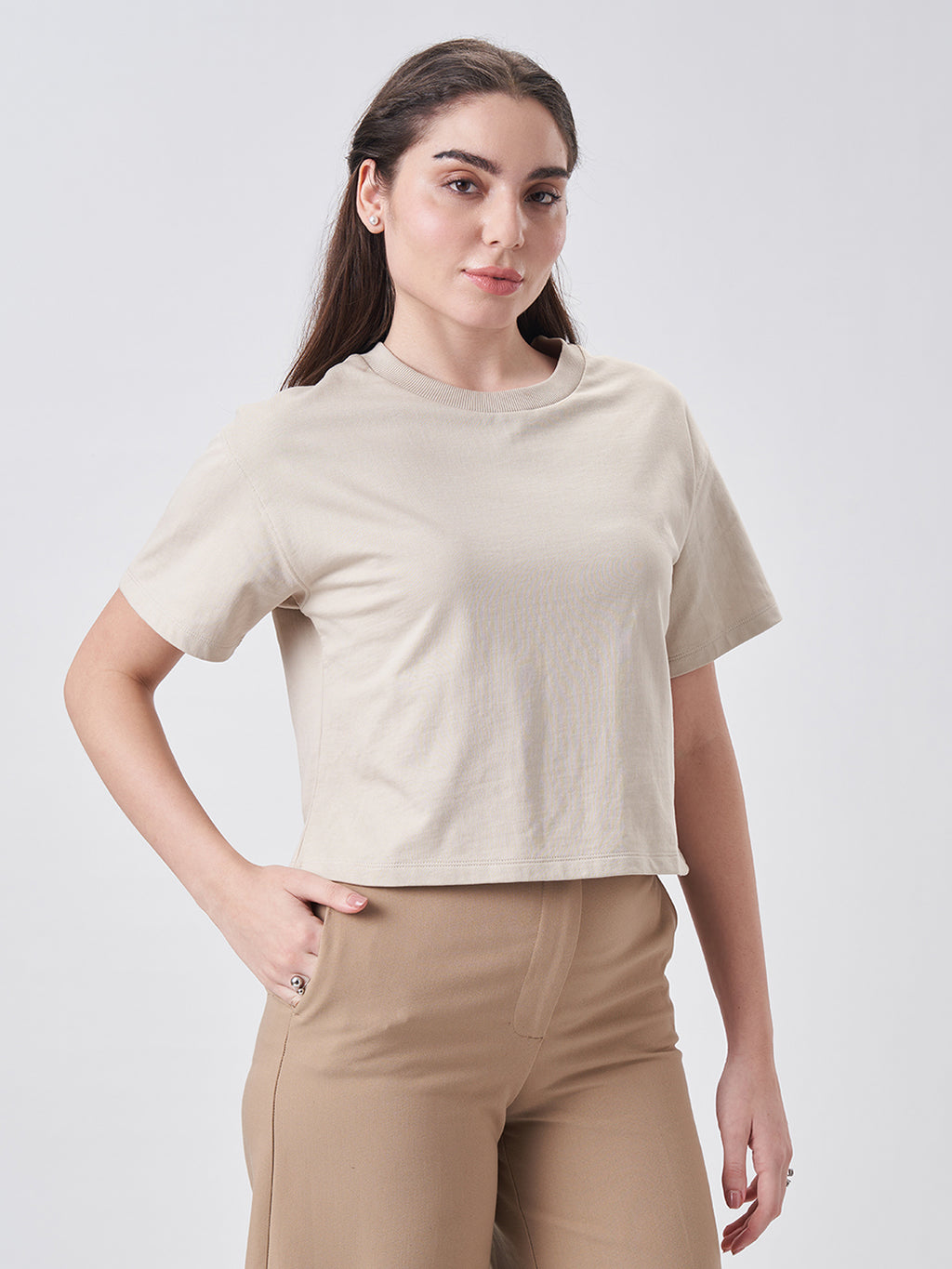 Womens Crop Boxy T Shirt Honey Beige