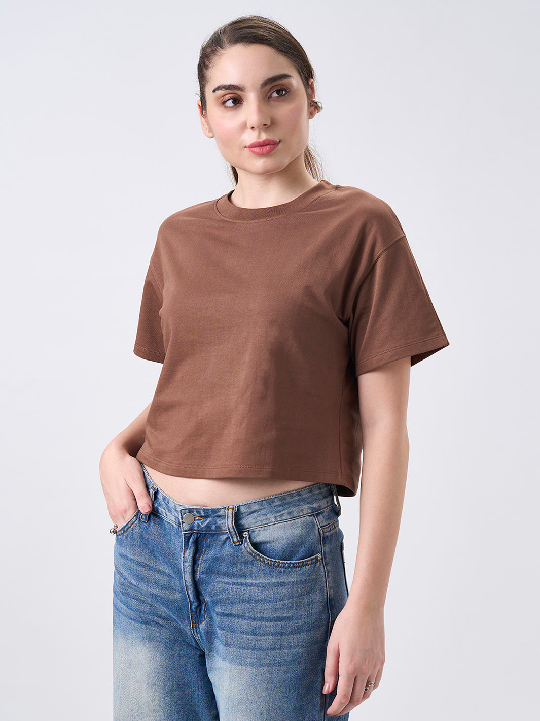 Womens Crop Boxy T Shirt Mocha Latte