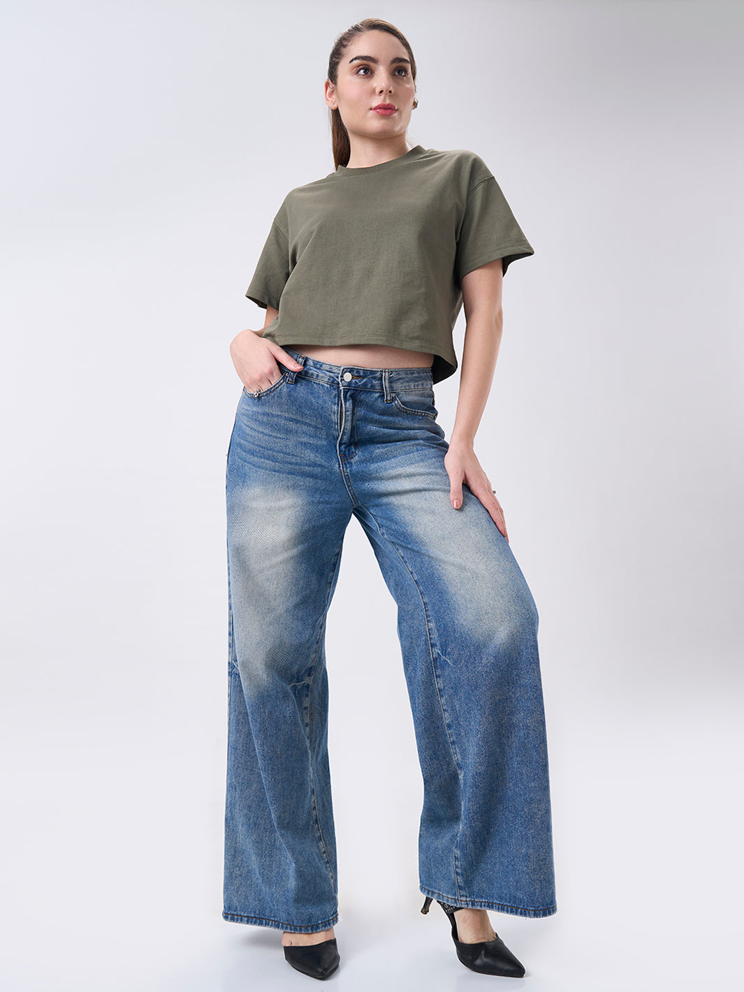 Womens Crop Boxy T Shirt Dusty Olive