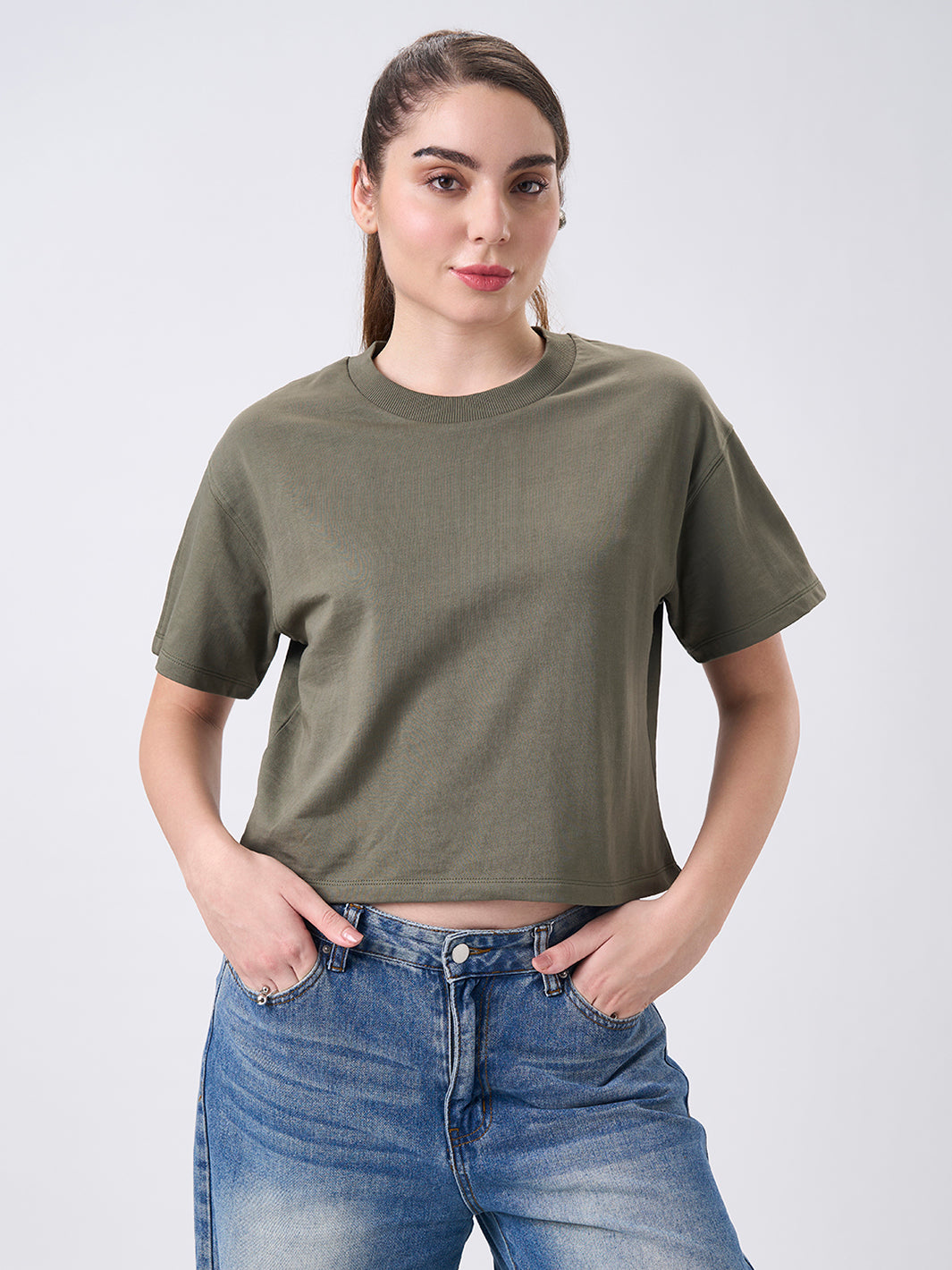 Womens Crop Boxy T Shirt Dusty Olive