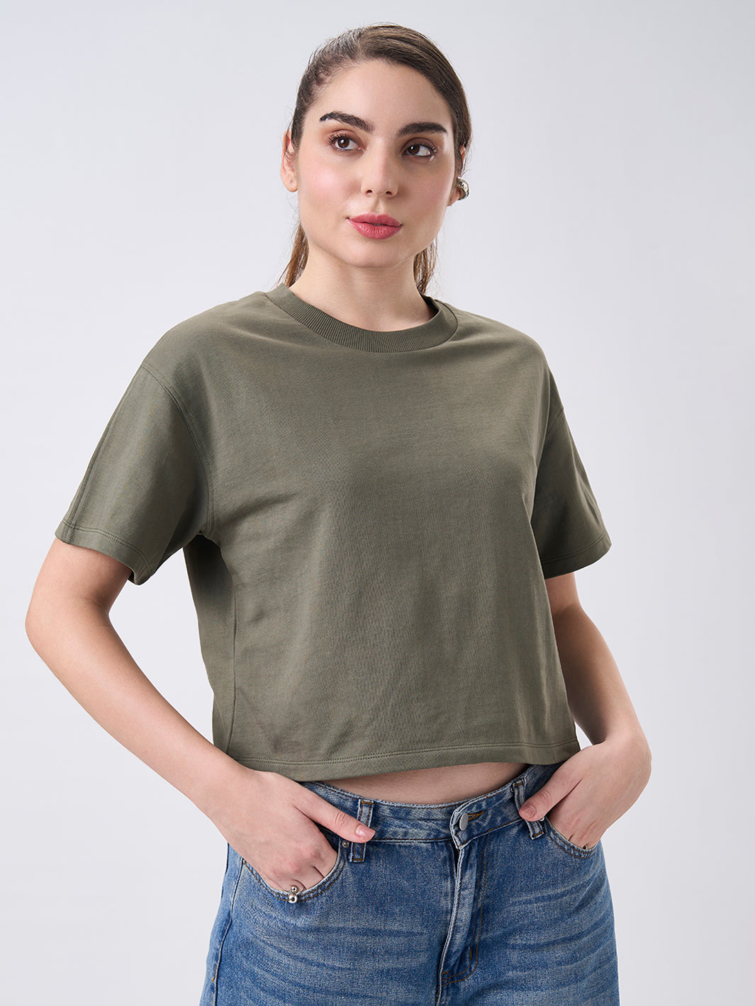 Womens Crop Boxy T Shirt Dusty Olive