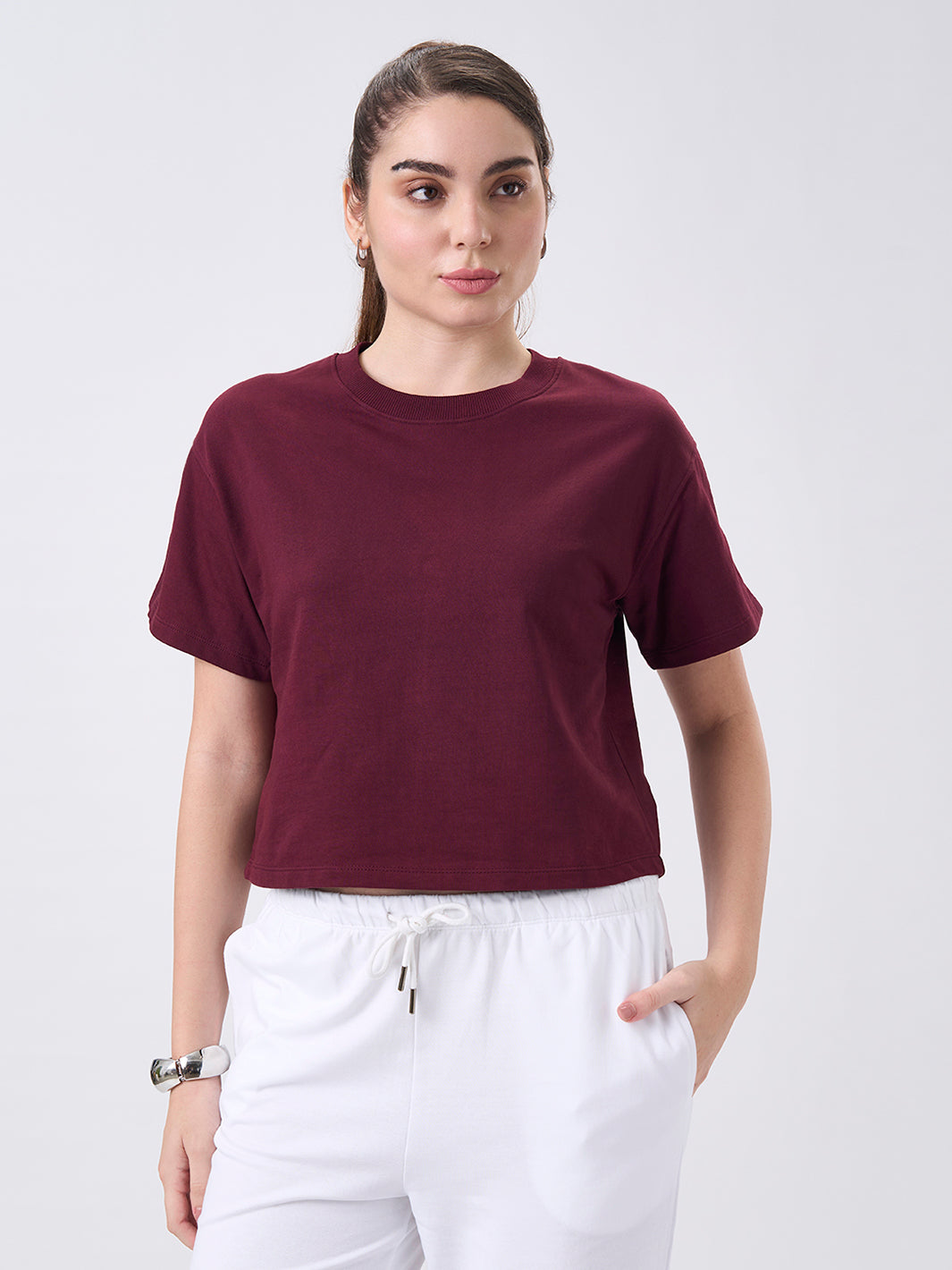 Womens Crop Boxy T Shirt Berry Maroon