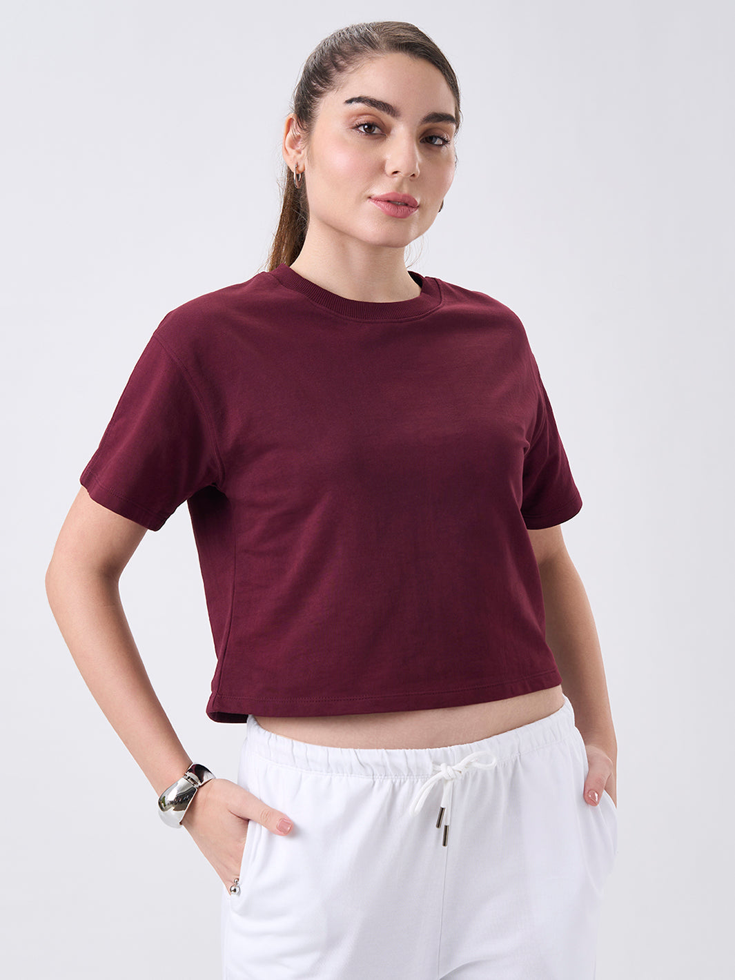 Womens Crop Boxy T Shirt Berry Maroon