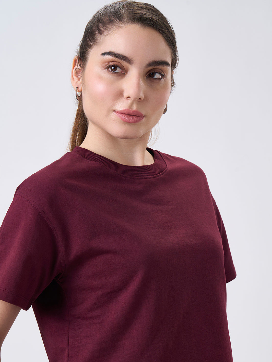 Womens Crop Boxy T Shirt Berry Maroon