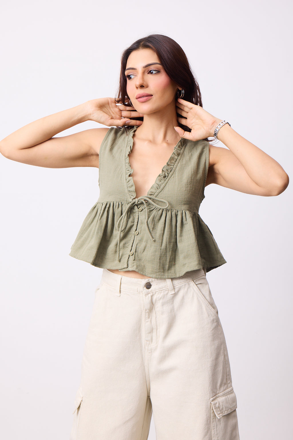 Womens Double Cloth Textured Top - Dusty Olive