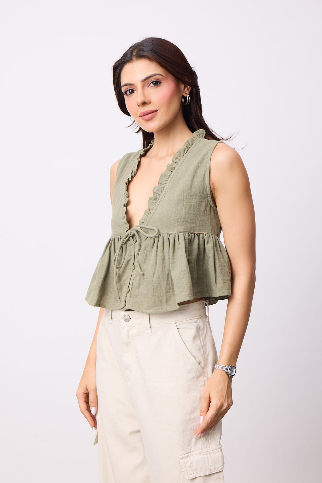 Womens Double Cloth Textured Top - Dusty Olive