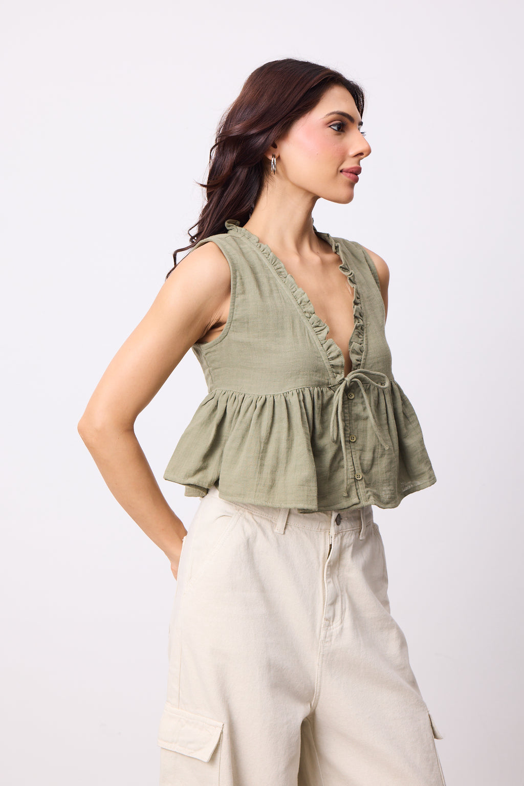 Womens Double Cloth Textured Top - Dusty Olive