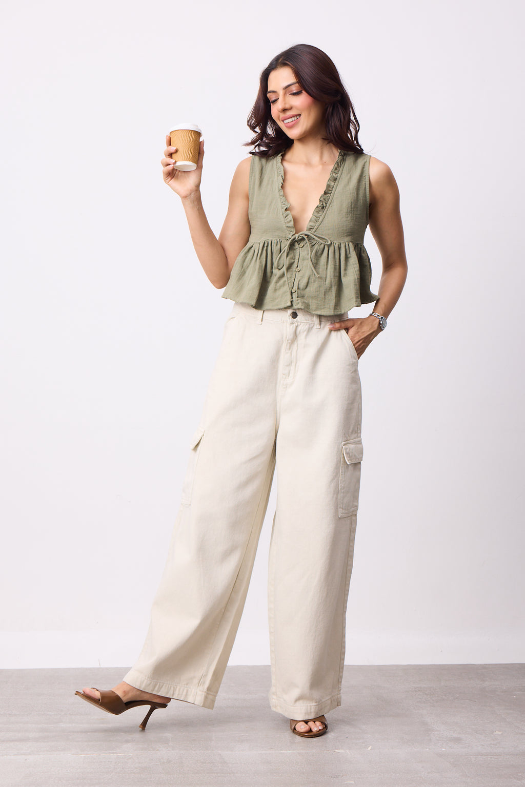 Womens Double Cloth Textured Top - Dusty Olive