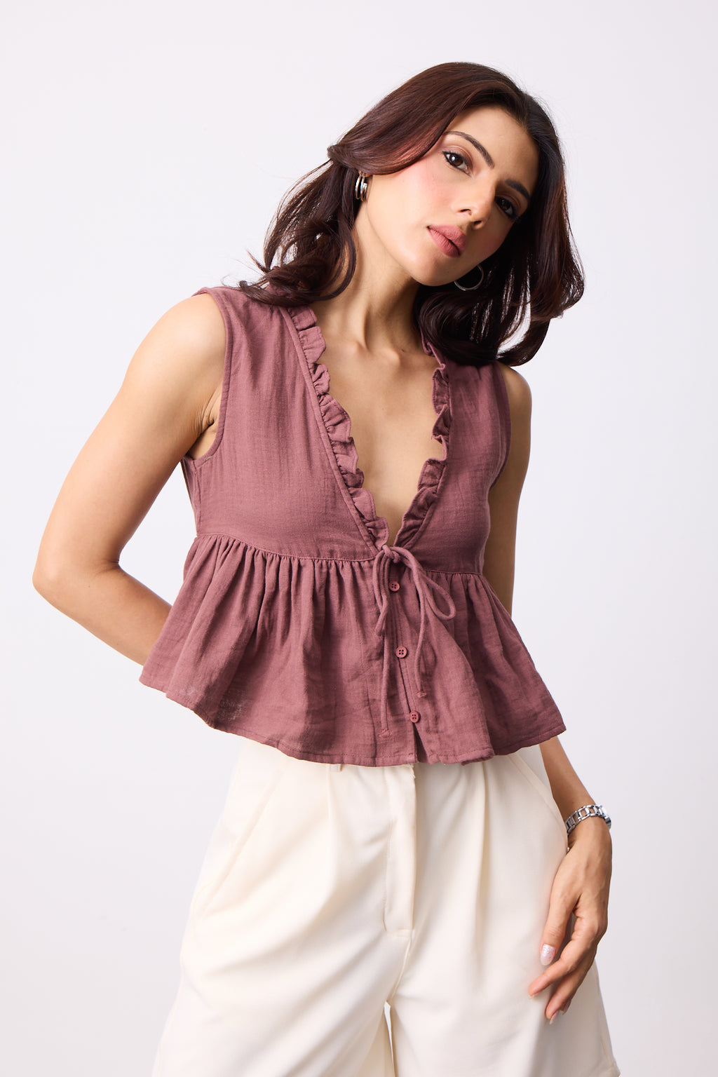 Womens Double Cloth Textured Top - Mauve Mist