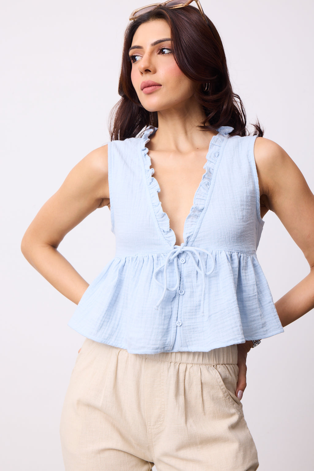 Womens Double Cloth Textured Top - Blue Breeze