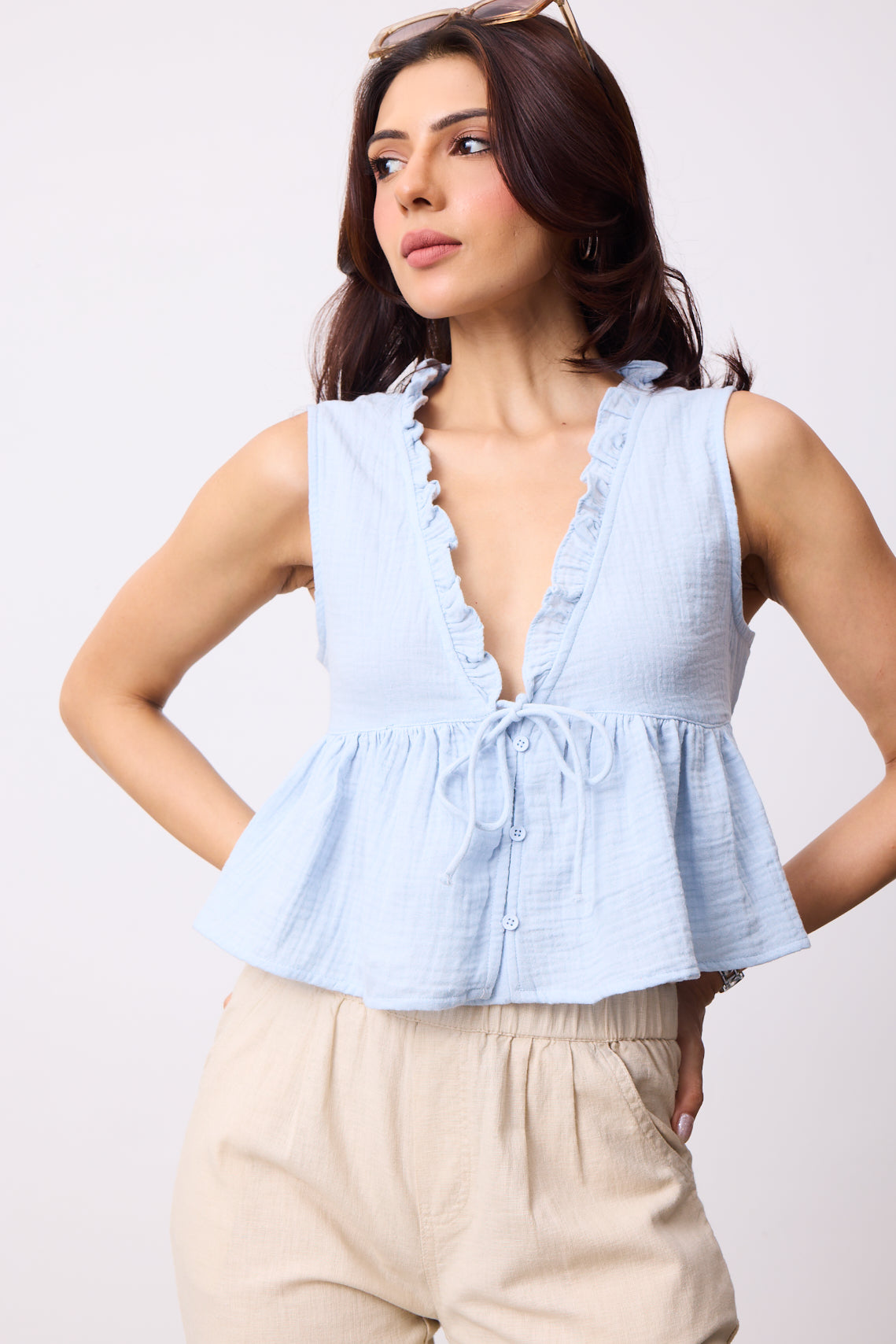 Womens Double Cloth Textured Top - Blue Breeze