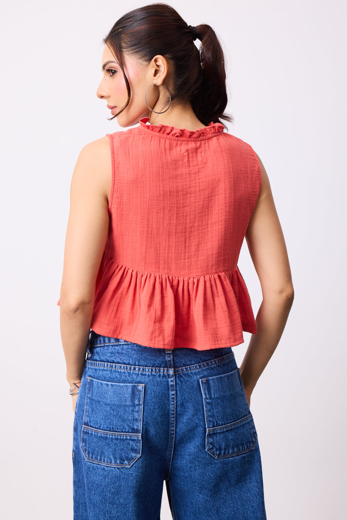 Womens Double Cloth Textured Top - Sunset Coral