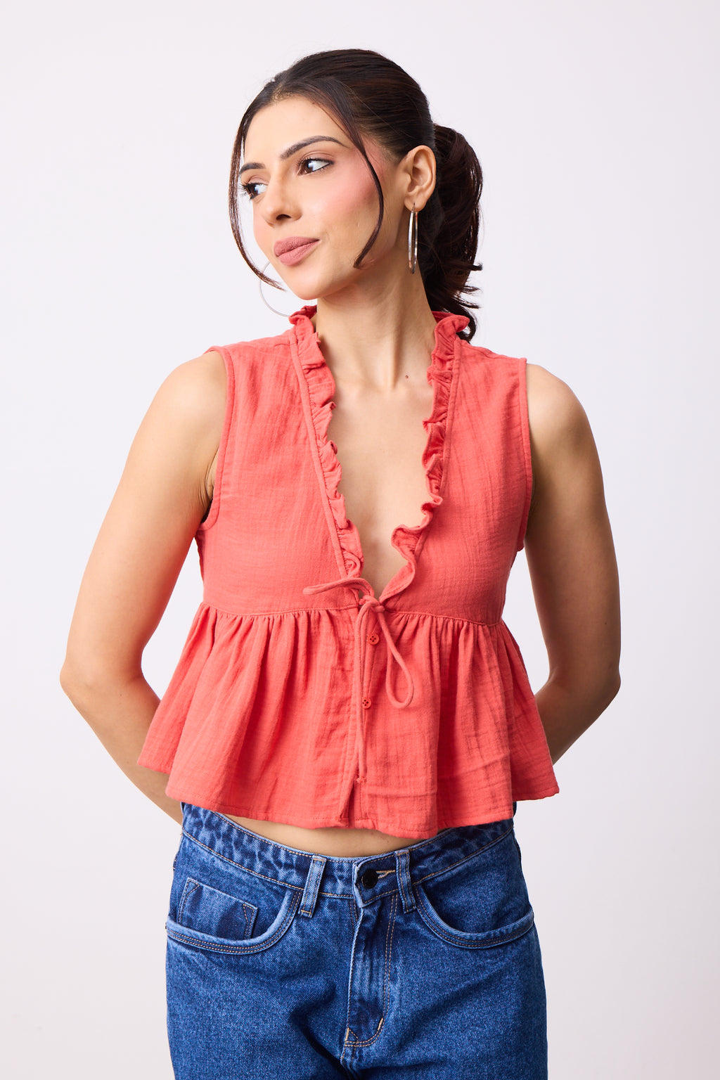 Womens Double Cloth Textured Top - Sunset Coral