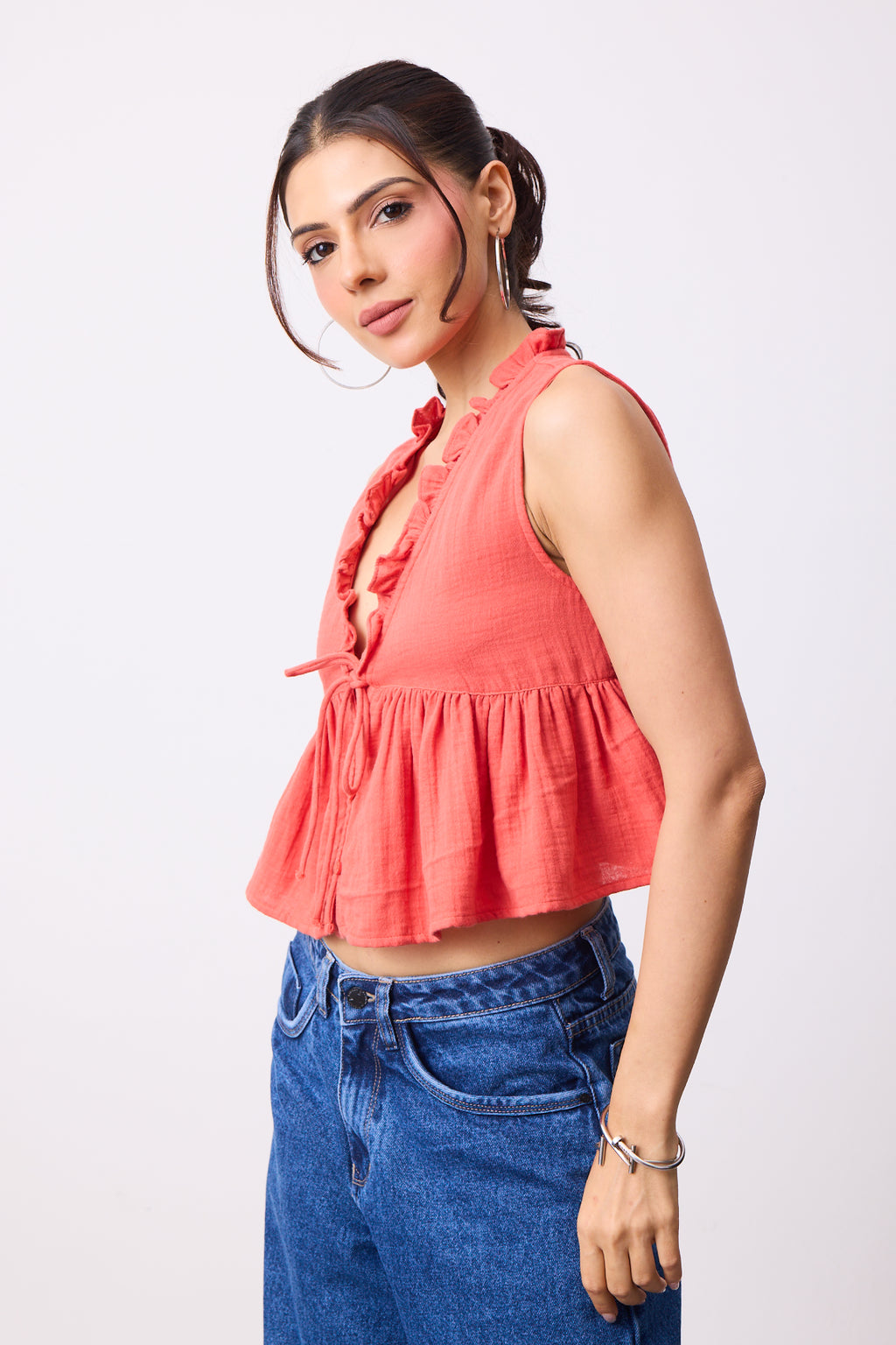 Womens Double Cloth Textured Top - Sunset Coral