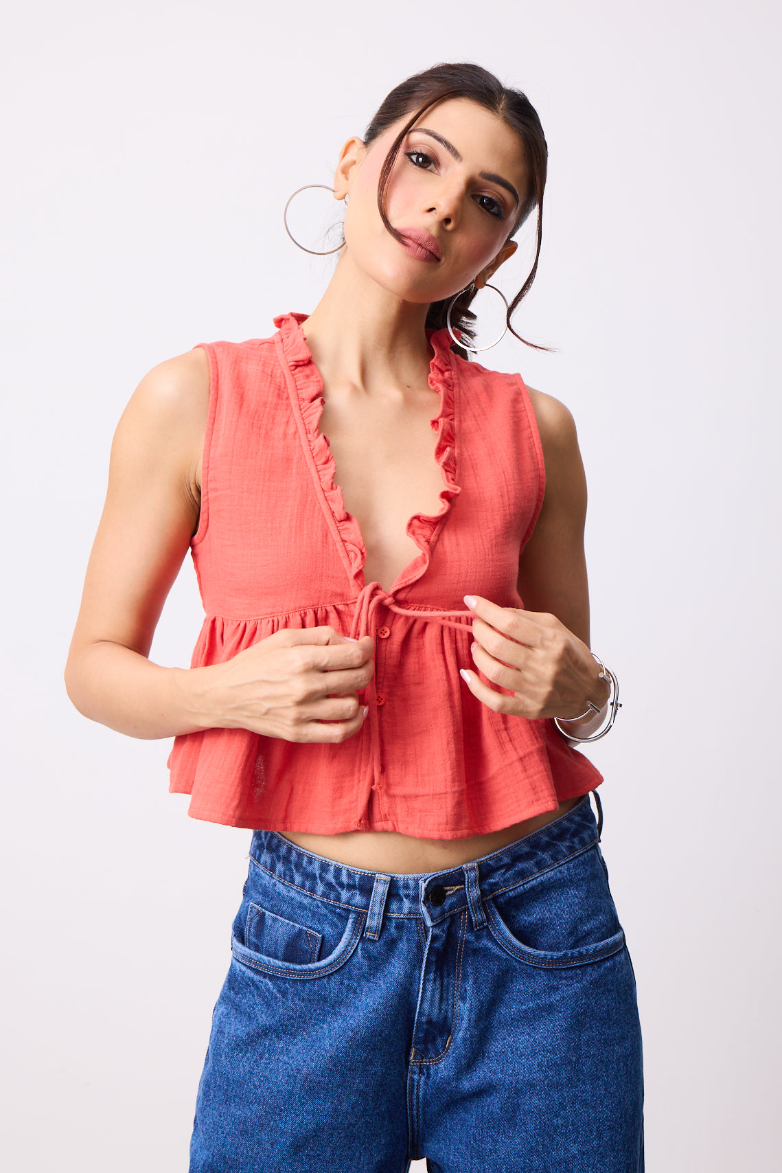 Womens Double Cloth Textured Top - Sunset Coral