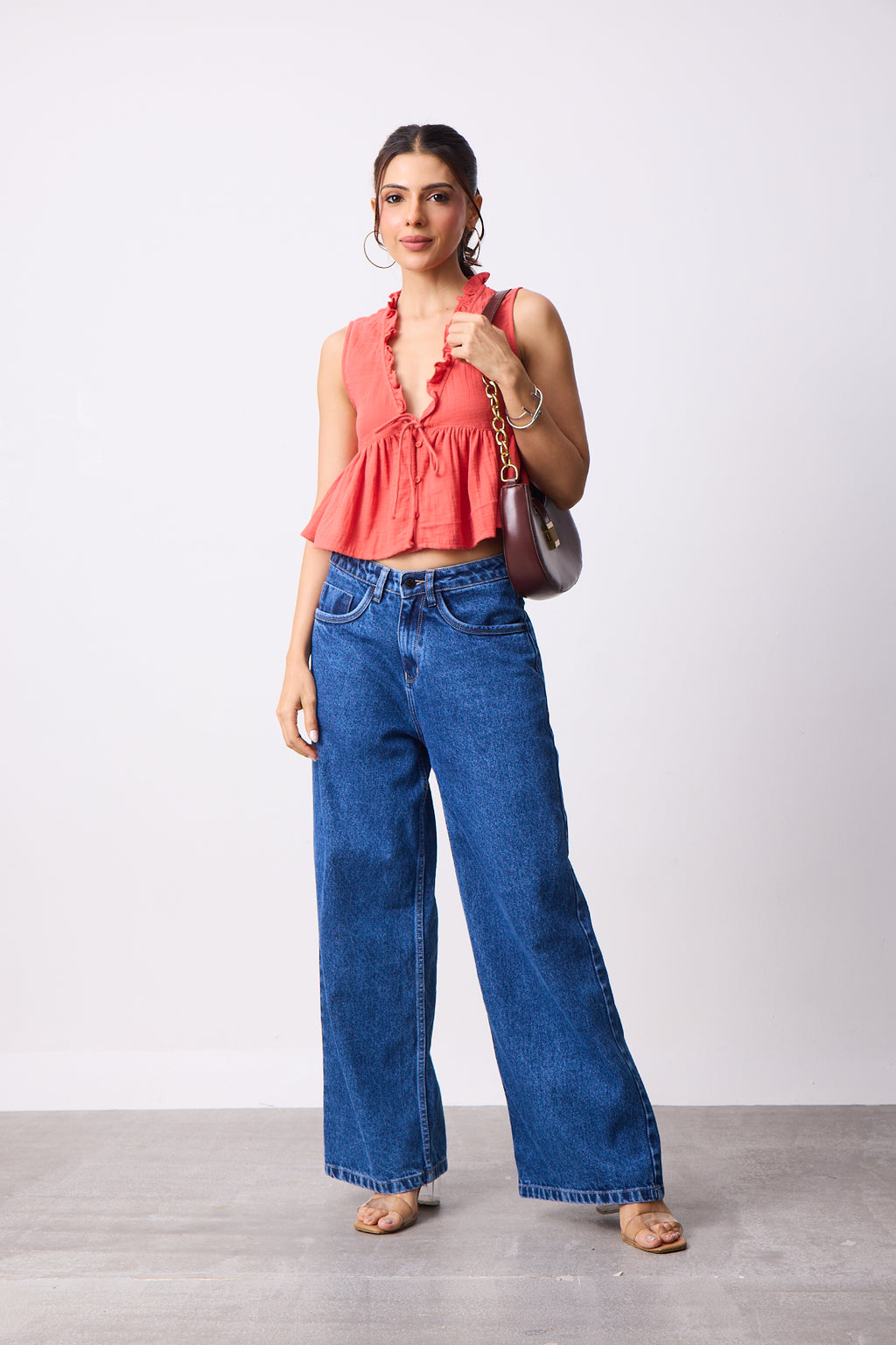 Womens Double Cloth Textured Top - Sunset Coral