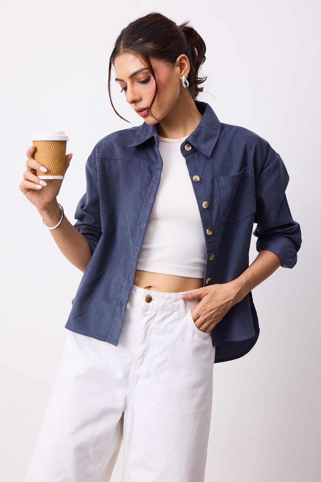 Womens Corduroy Shirt - Faded Grey