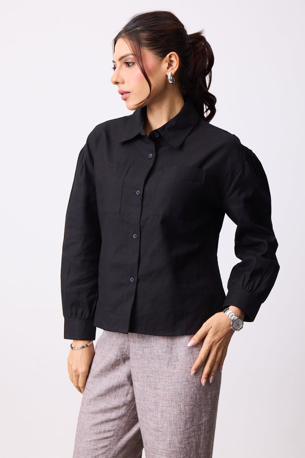 Womens Boxy Twill Shirt - Jet Black