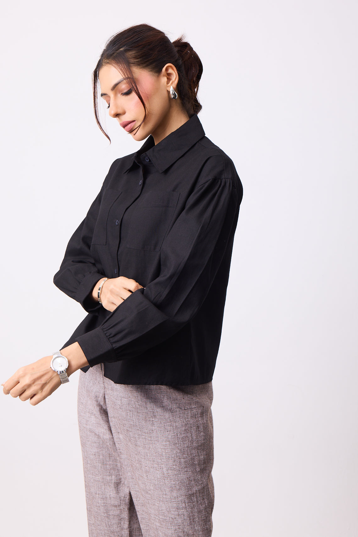 Womens Boxy Twill Shirt - Jet Black