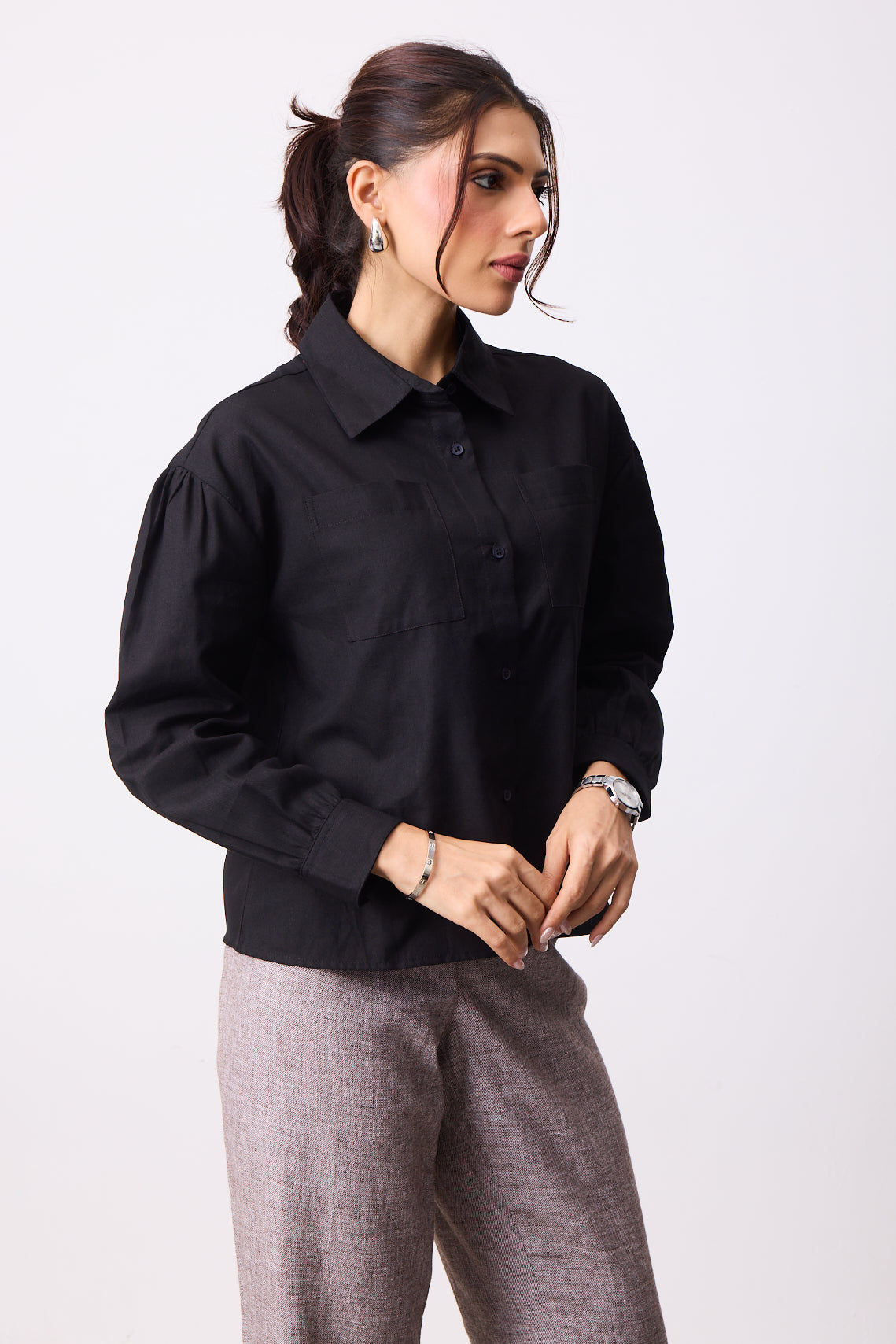 Womens Boxy Twill Shirt - Jet Black