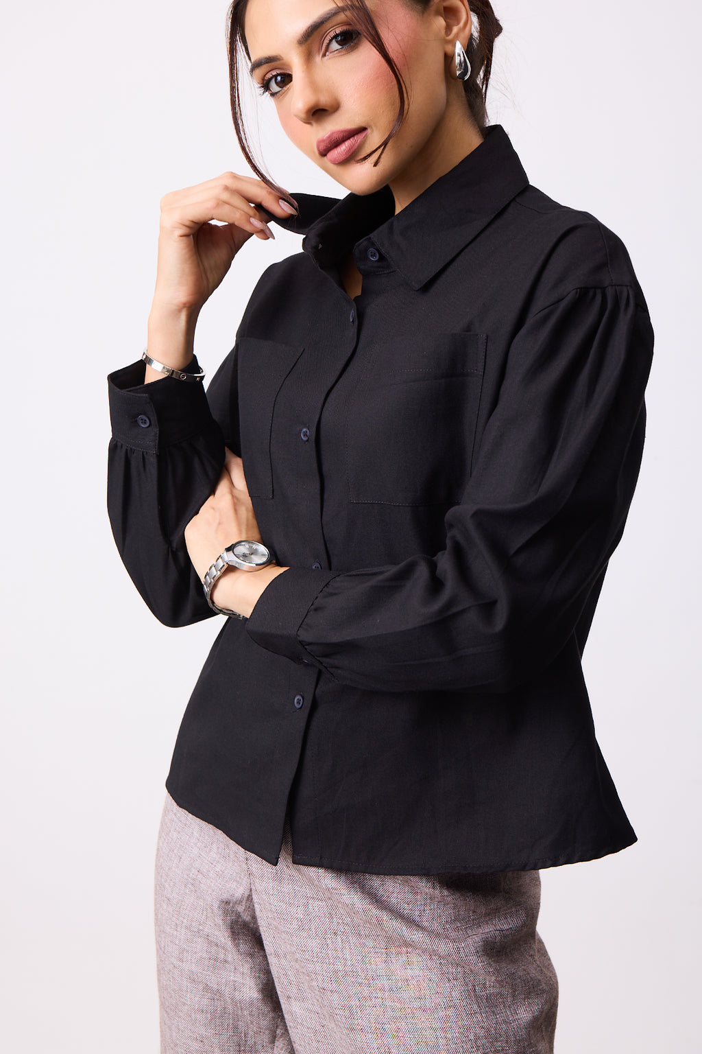Womens Boxy Twill Shirt - Jet Black
