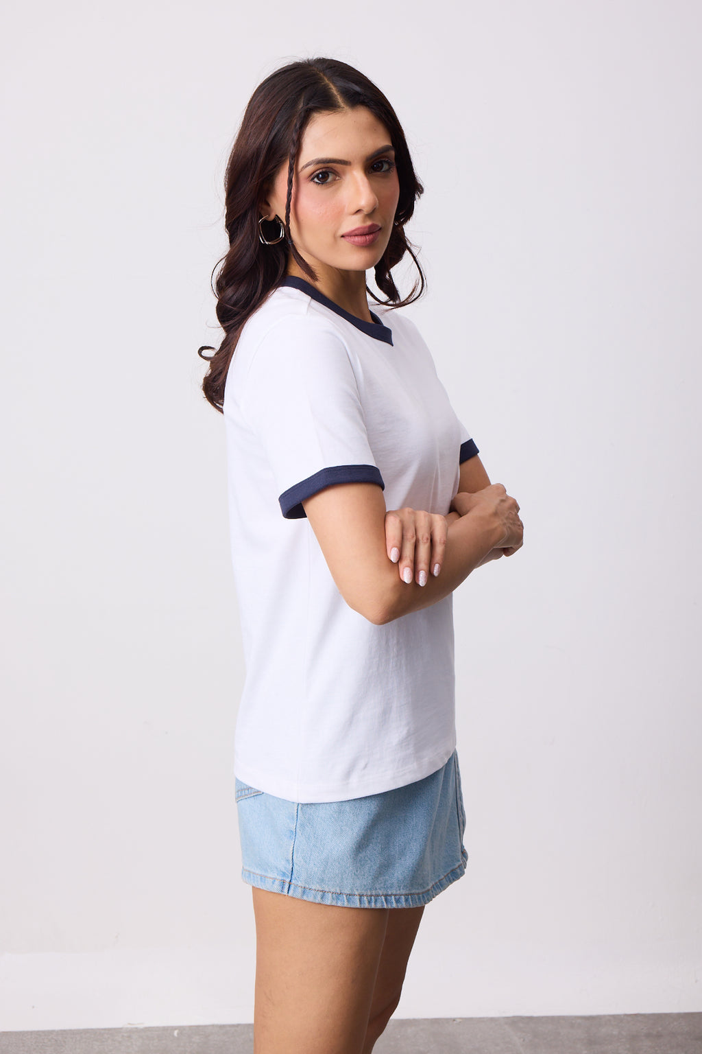 Womens Ringer T-Shirt - White X Midnight Navy