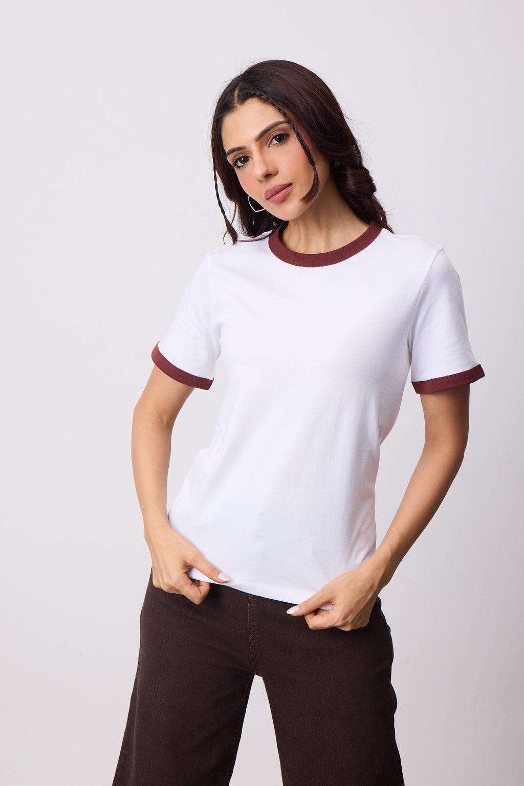 Womens Ringer T-Shirt - White X Brown
