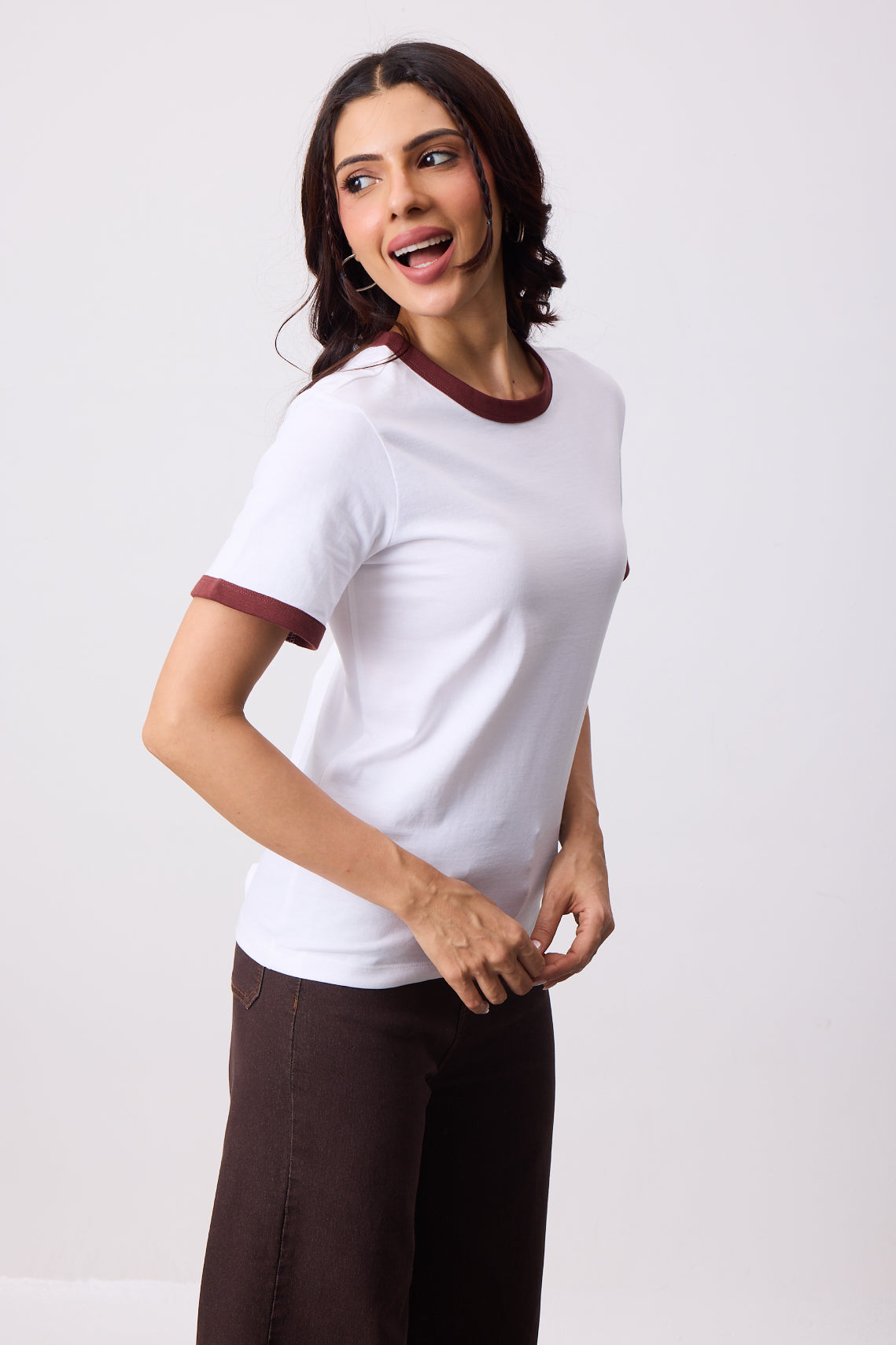 Womens Ringer T-Shirt - White X Brown