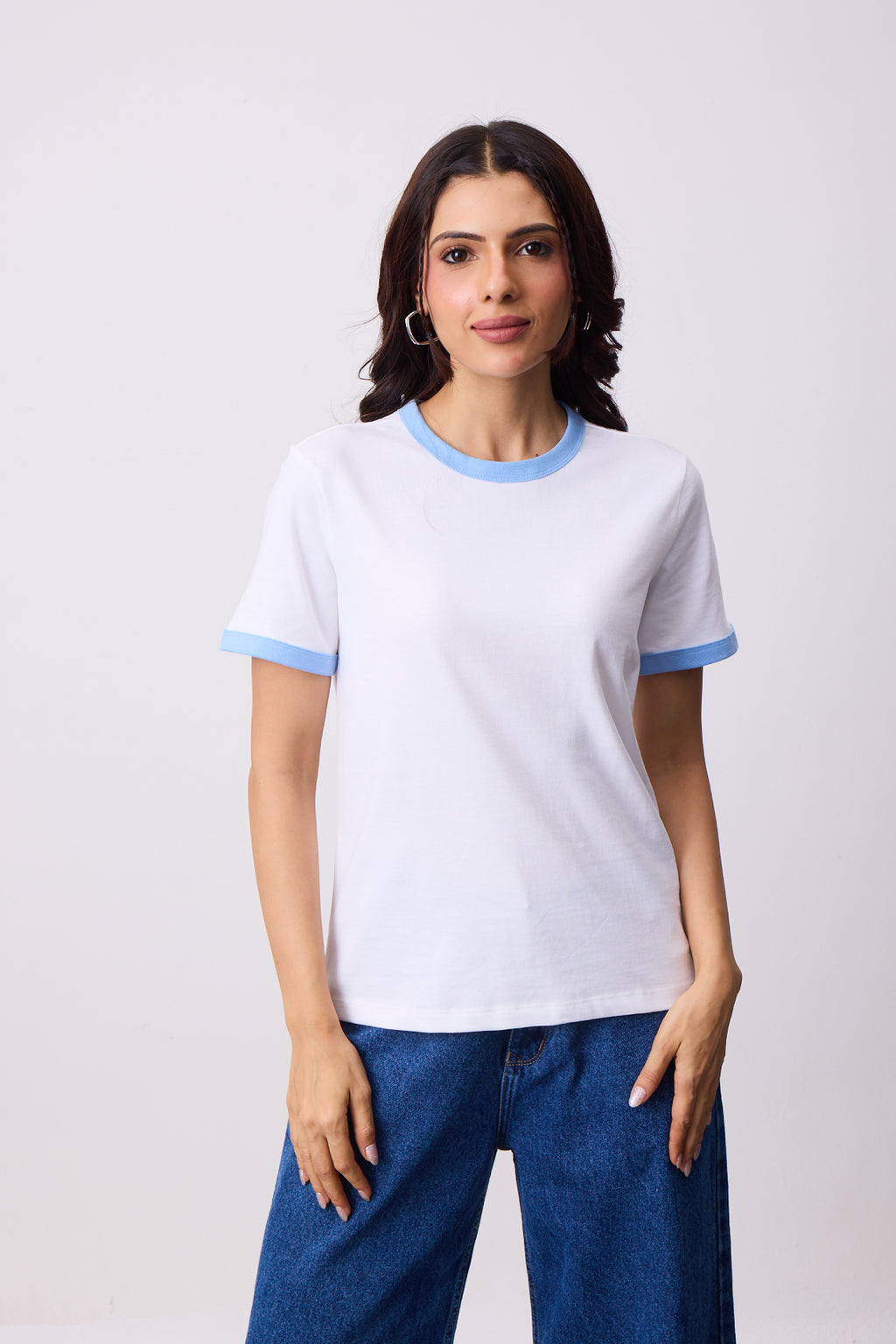 Womens Ringer T-Shirt - White X Sky Blue