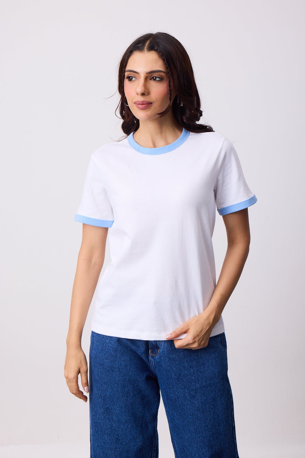 Womens Ringer T-Shirt - White X Sky Blue