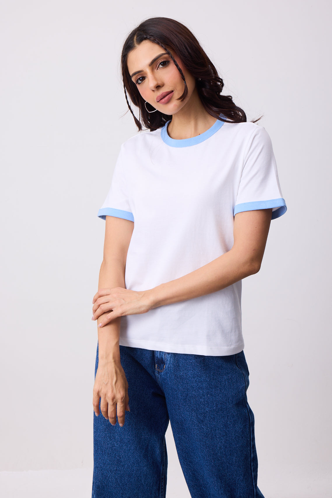 Womens Ringer T-Shirt - White X Sky Blue