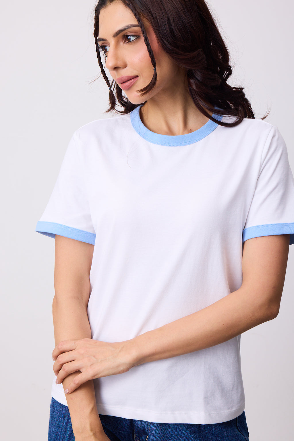 Womens Ringer T-Shirt - White X Sky Blue
