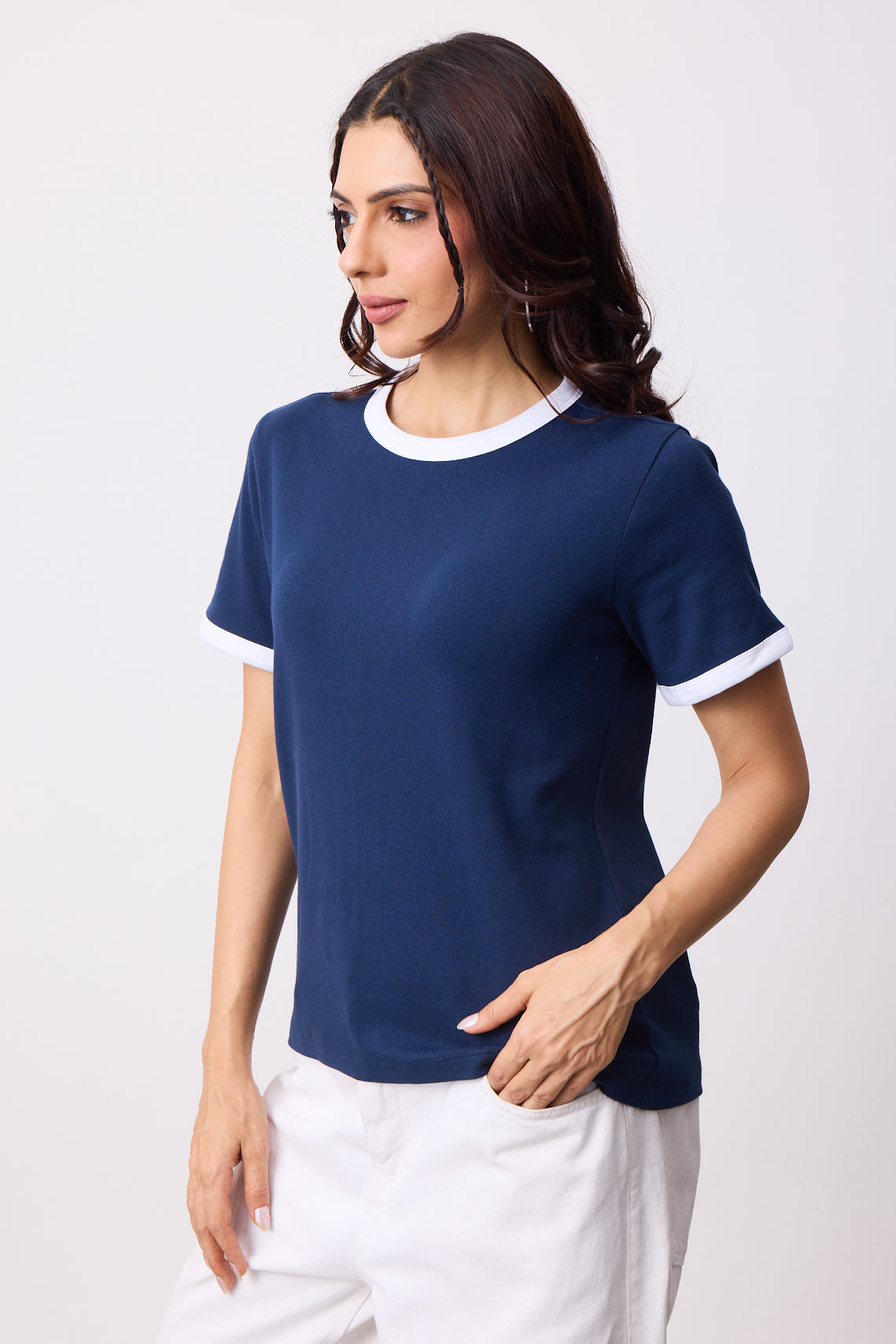 Womens Ringer T-Shirt - Dark Blue X White